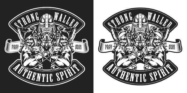 Viking vintage monochrome badge with medieval scandinavian warrior holding battle axes