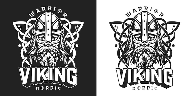 Viking vintage monochroom label met belettering middeleeuwse keltische sieraad bebaarde en besnorde noordse krijger hoofd in helm