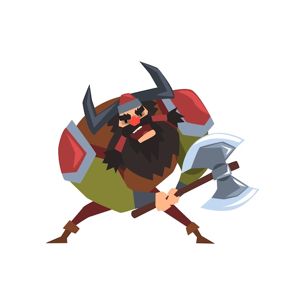 Viking warrior character in helmet with horns and battle ax vector Illustration on a white background