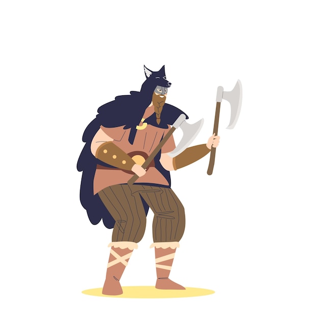 Viking warrior holding axes dressed in traditional medieval clothes. Man scandinavian mythologyÂ character. Cartoon flat vector illustration