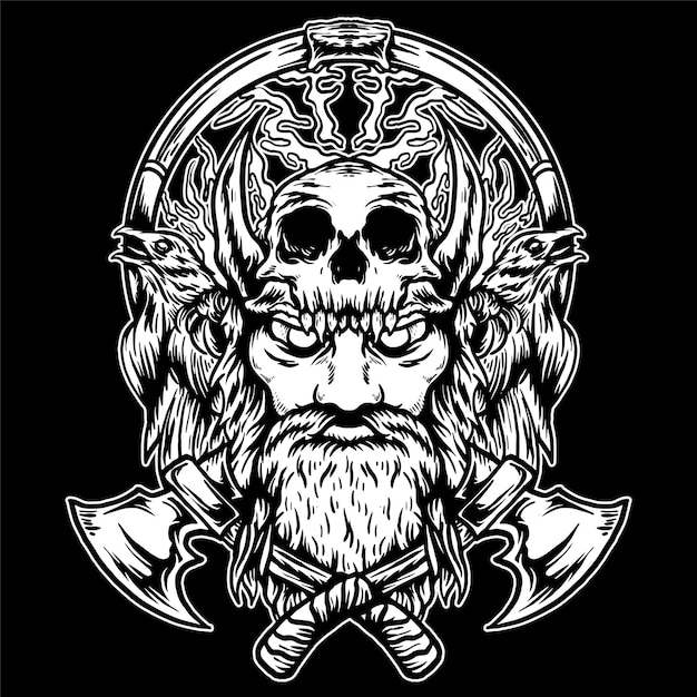 Viking warrior and skull illustration on black background