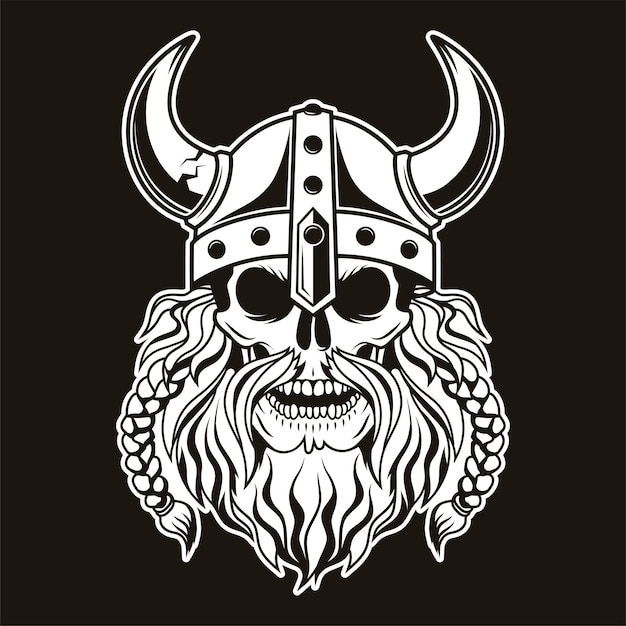 Череп воина викинга с рогатым шлемом Векторная иллюстрация
