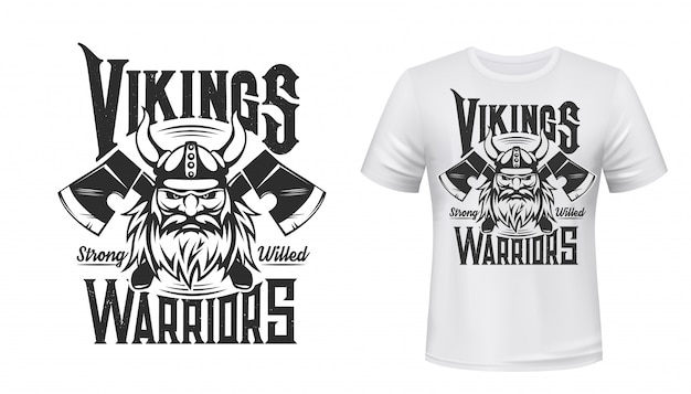 Vector viking warrior t-shirt print , sport team and league club  badge. scandinavian viking in horn helmet and crossed axes hatchets mascot for t-shirt print, strong willed motto quote