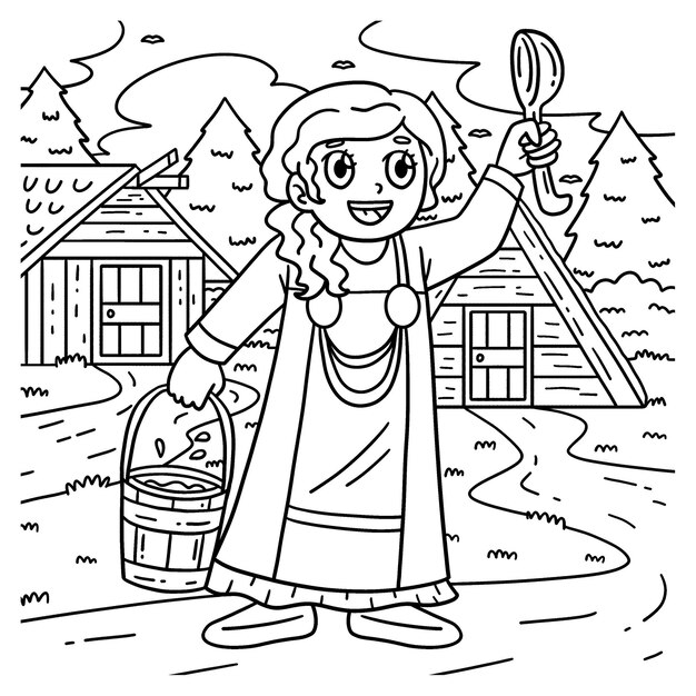 Vector viking with bucket of milk coloring page for kids