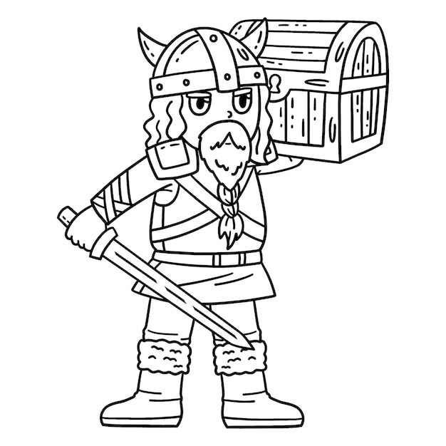 Vector viking with loot isolated coloring page for kids