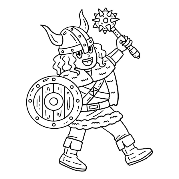 Viking with Mace and Shield Isolated Coloring Page