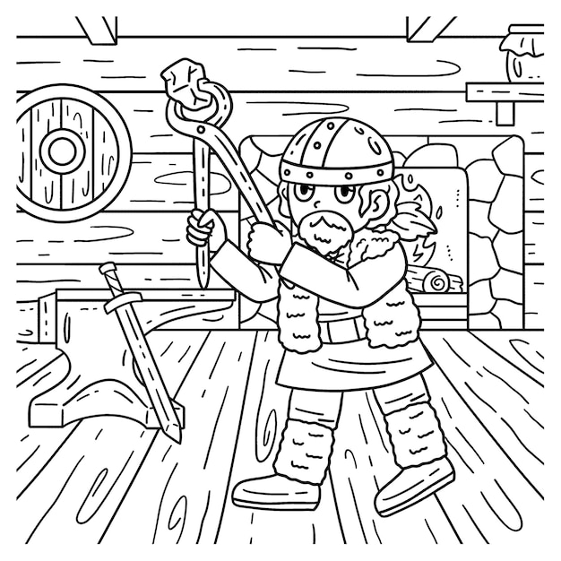 Vector viking working in the forge coloring page for kids