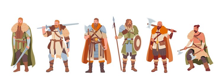 Vikingen mannelijke karakters dragen huiden en houden pantser zwaarden en assen staan in rij geïsoleerd op een witte achtergrond. Middeleeuwse Noordse soldaten, barbaren. Cartoon mensen vectorillustratie