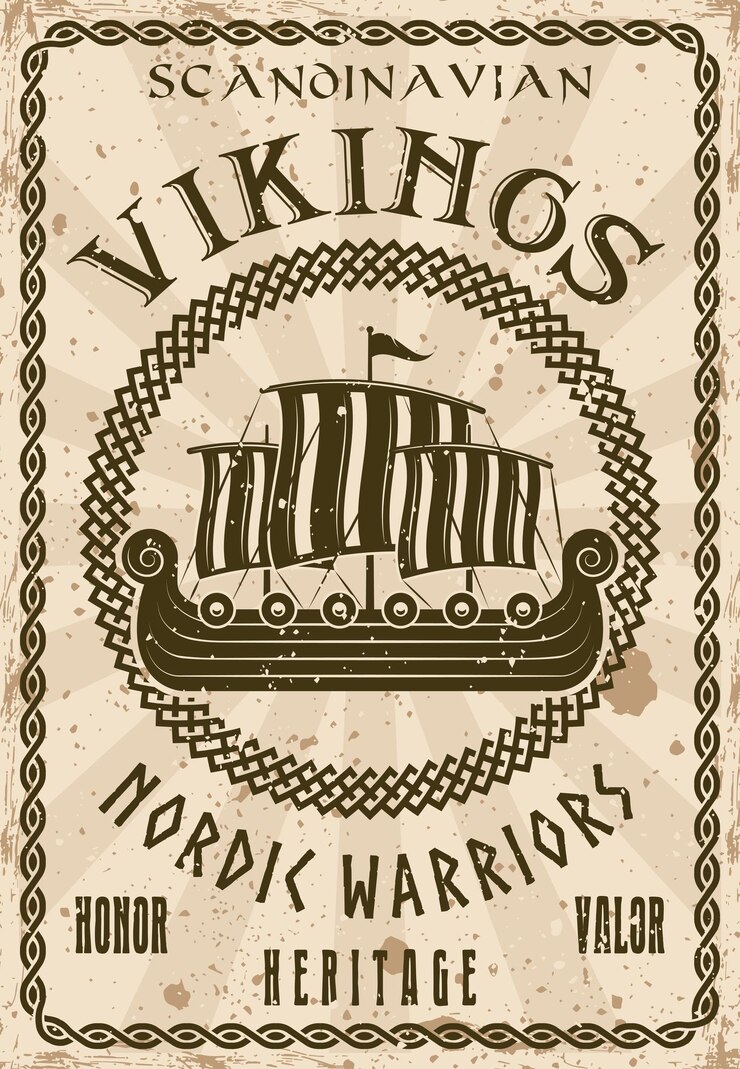 Vector vikingen zeilschip of drakkar boot vector poster in vintage stijl met grunge texturen en voorbeeldtekst