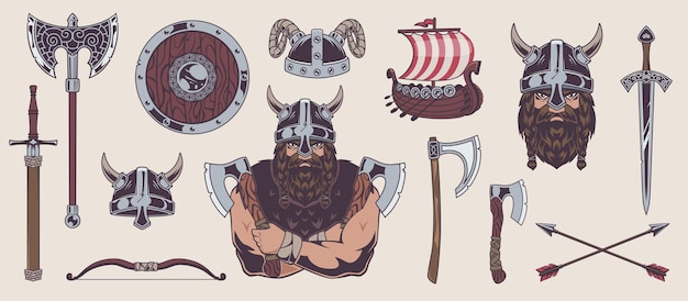 Vikings Ancient barbarians with aggressive weapons and armors elements sword axe exact vector viking warrior Illustration of viking military courage and defense with weapon