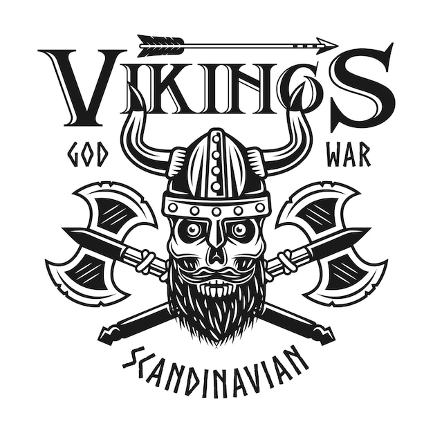 Vector vikings emblem with bearded skull in horned helmet and two crossed axes