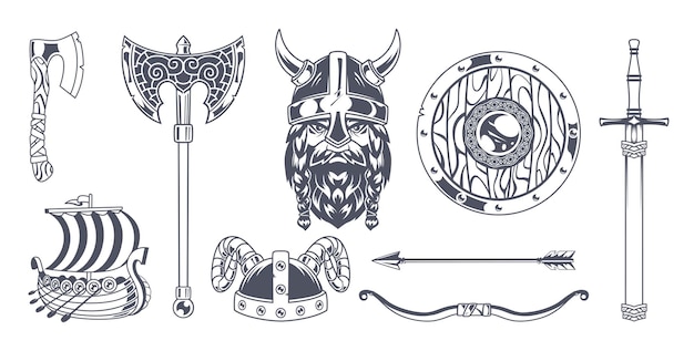 Vikings nordic agressive warrior stuff sword axe helmet armor skull horn exact vector mascots of medieval barbarians illustration of gladiator strength costume combat medieval armor