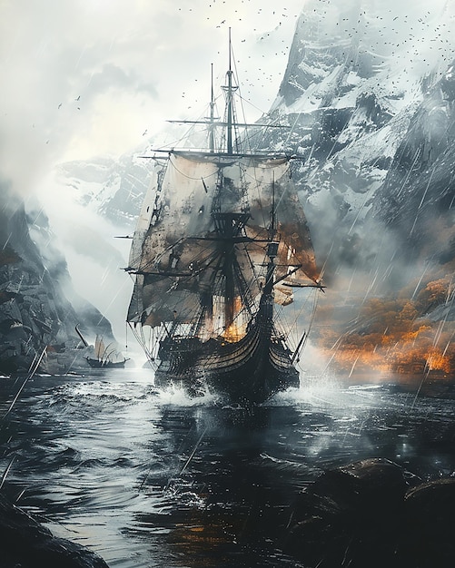 Vikings ship on the water Travelling Old style Painting
