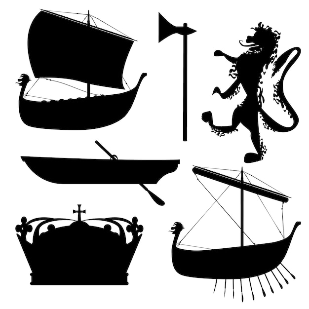 Vikings silhouette SET Crown Axe Ship Lion boat Vector illustration isolated on white background