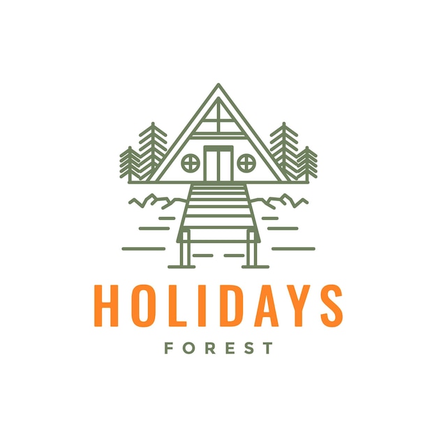 빌라 오두막 숲 휴일 나무 다리 Hipster 라인 빈티지 로고 디자인 벡터
