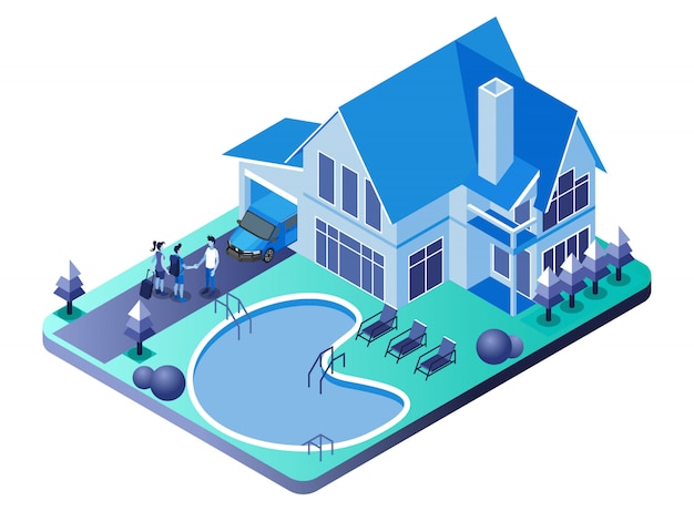 Vector villa, homestay and swimming pool with the host shaking hands with guests - isometric illustration