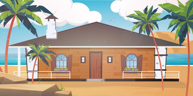 Vector villa on a sandy beach with palm trees. summer vacation concept