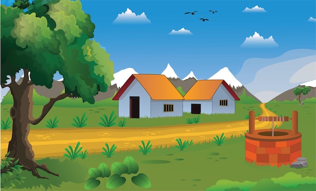 Vector village cartoon background illustration with old style cottage, well, trees, narrow road, mountains.