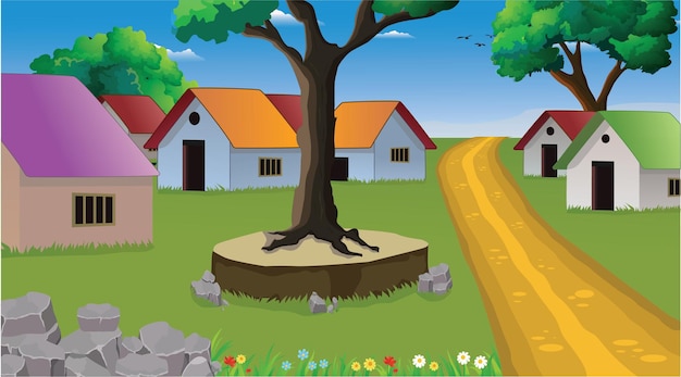 Premium Vector | Village cartoon background illustration with old style  cottage, well, trees, narrow road, mountains.