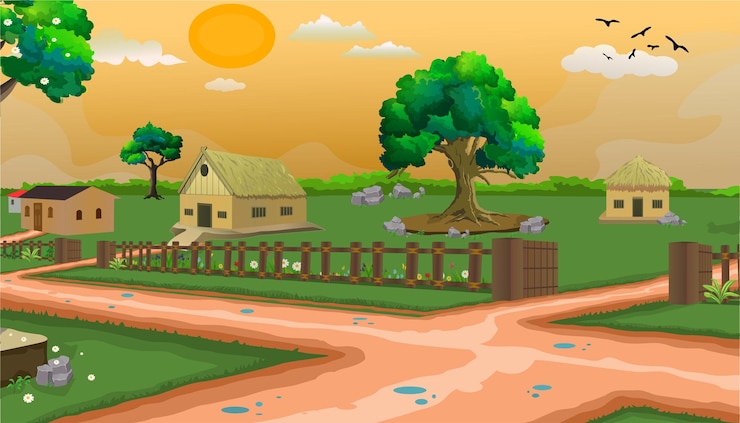 Vector village cartoon background illustration with sun, houses trees, street light and narrow road.