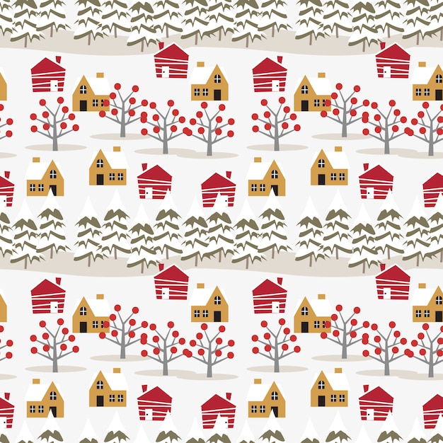 Village in christmas season seamless pattern