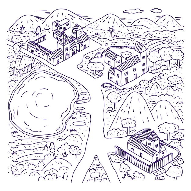 Village doodle map hand drawn