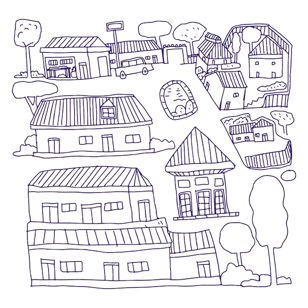 Village doodle map hand drawn