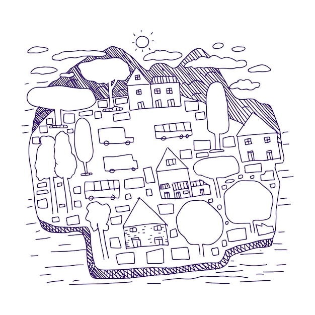 Village doodle map hand drawn