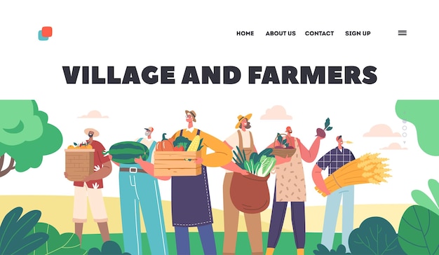 Village and Farmers Landing Page Template Ranchers Group with Crops Characters With Fresh Produce And Sustenance