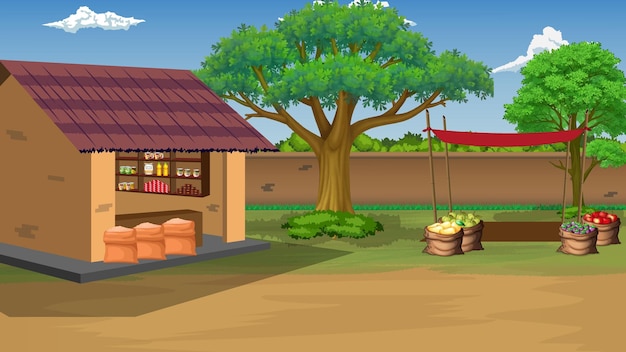 a village grocery shop background for cartoon animation
