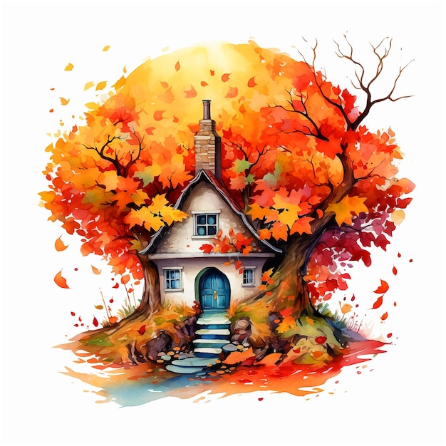 Village house in autumn nature watercolor paint