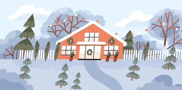 Village house on Christmas holidays. Winter landscape with snow, wood country home, fir wreath, trees and Xmas decoration. Rural cottage in wintertime. Countryside scenery. Flat vector illustration