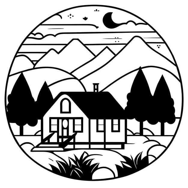 Vector village house in a jungle illustration coloring book page