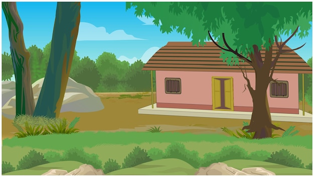 Village house in a jungle illustration.