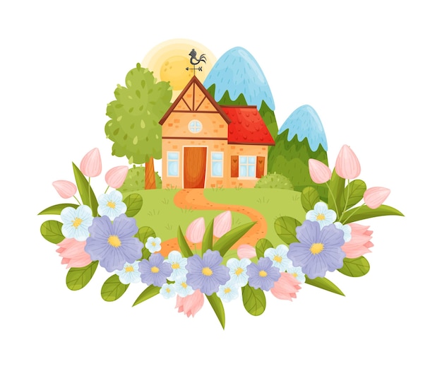 Village house with a red roof among flowers against the backdrop of the sun and mountains Vector illustration