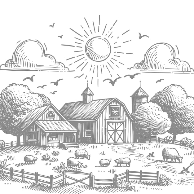 Vector village houses sketch rural landscape countryside