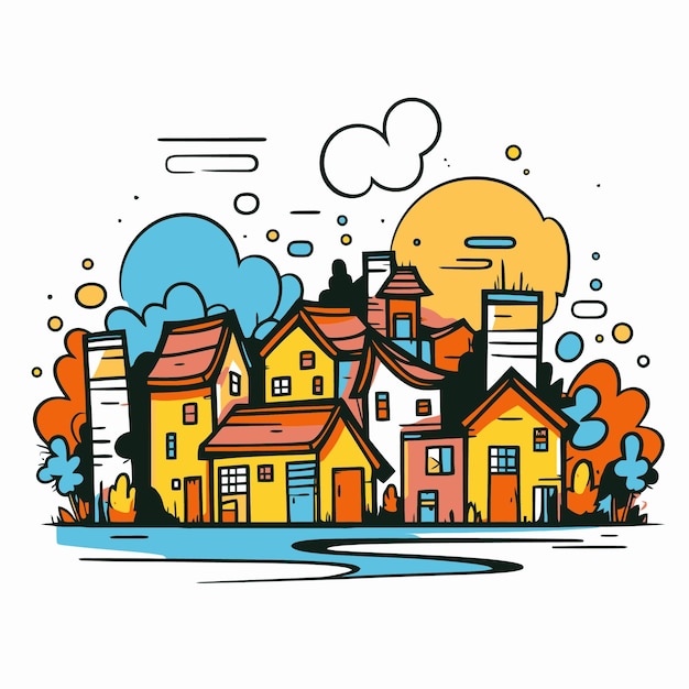 Vector village illustration with pop art style