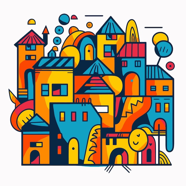 Village illustration with pop art style