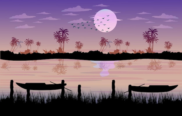 Village landscape water moonlight background, Night landscape background, Tree at the lake