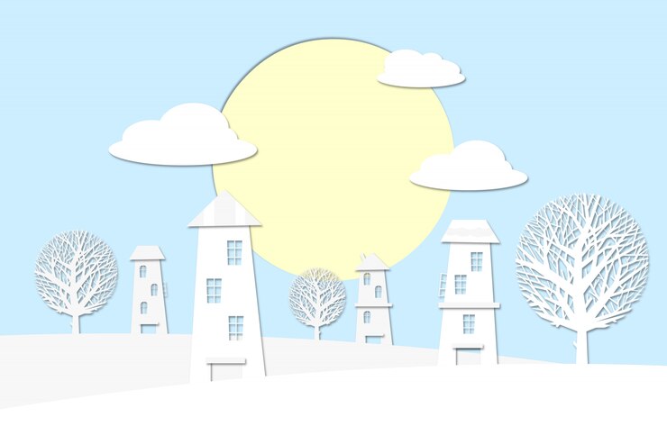 Vector 雲の上の太陽が昇る村の風景。