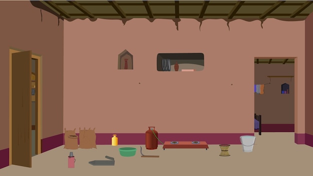 Village Living room interior design with furniture Indian style village home bedroom indoor vector