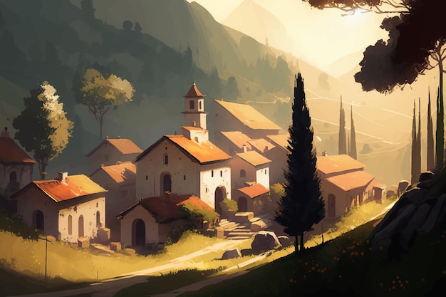 Village in a lush hilly grassy landscape in sunny day painting. Vector illustration.