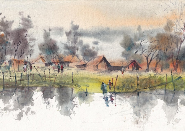 Vector village nature landscape painting with watercolor