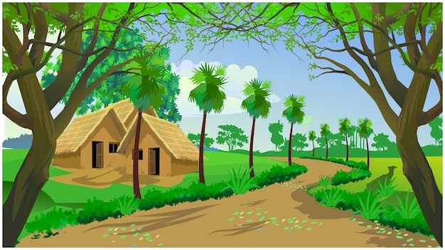 泥で作られた小屋と木々のある村の自然の風景シーン。