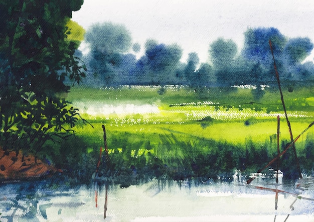 village nature painting with watercolor on paper