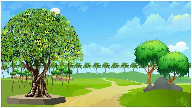 Vector village nature scene with with field and banyan trees.