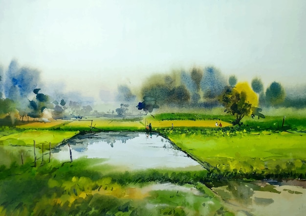 Village nature with winter watercolor art