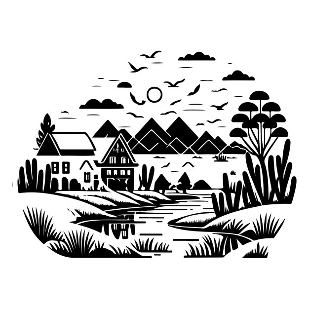 Вектор Графическая иллюстрация деревенской реки, эскиз ручной рисунка.