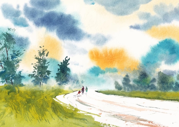 Village road and morning light watercolor art