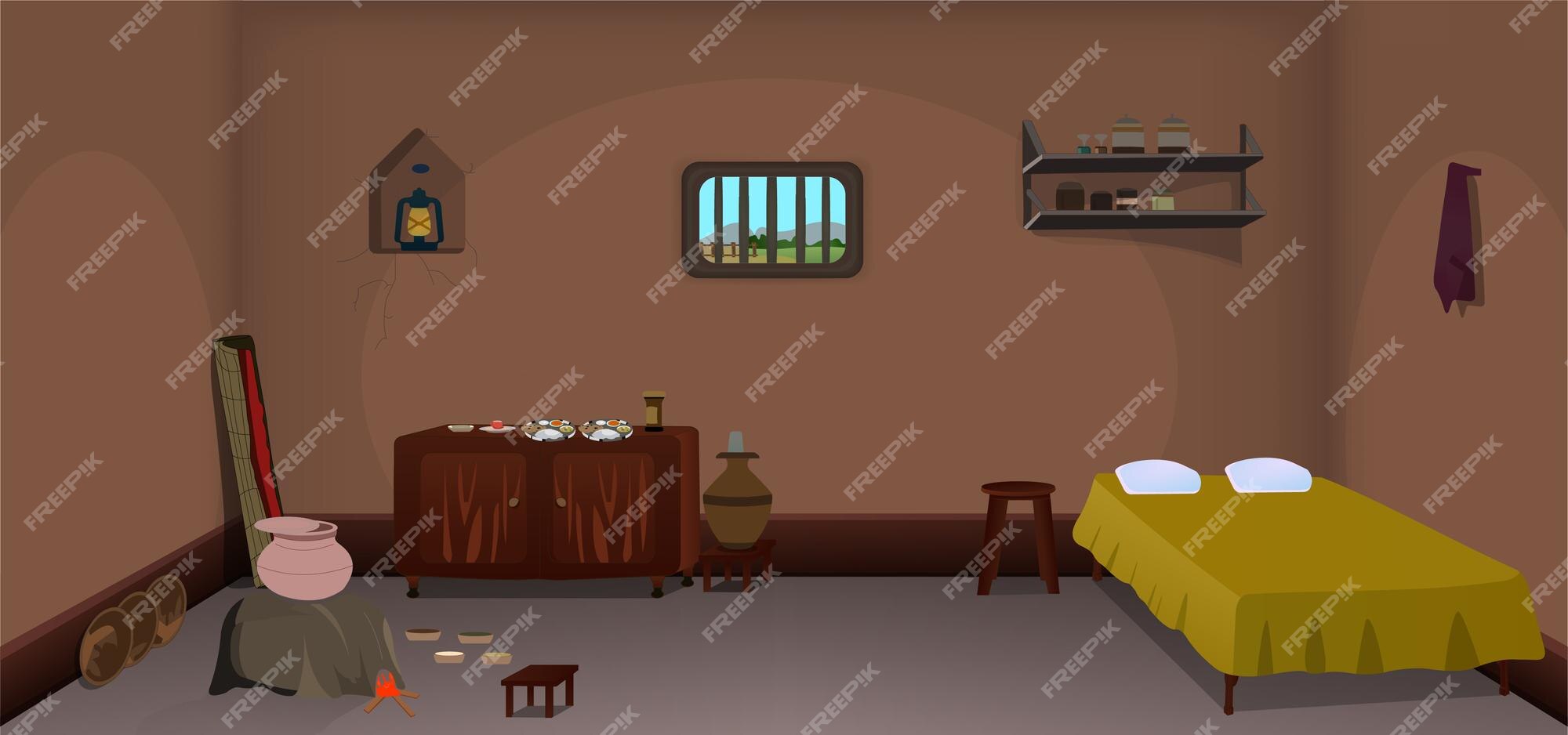 Premium Vector | Village room inside cartoon background vector, poor room  interior illustration.